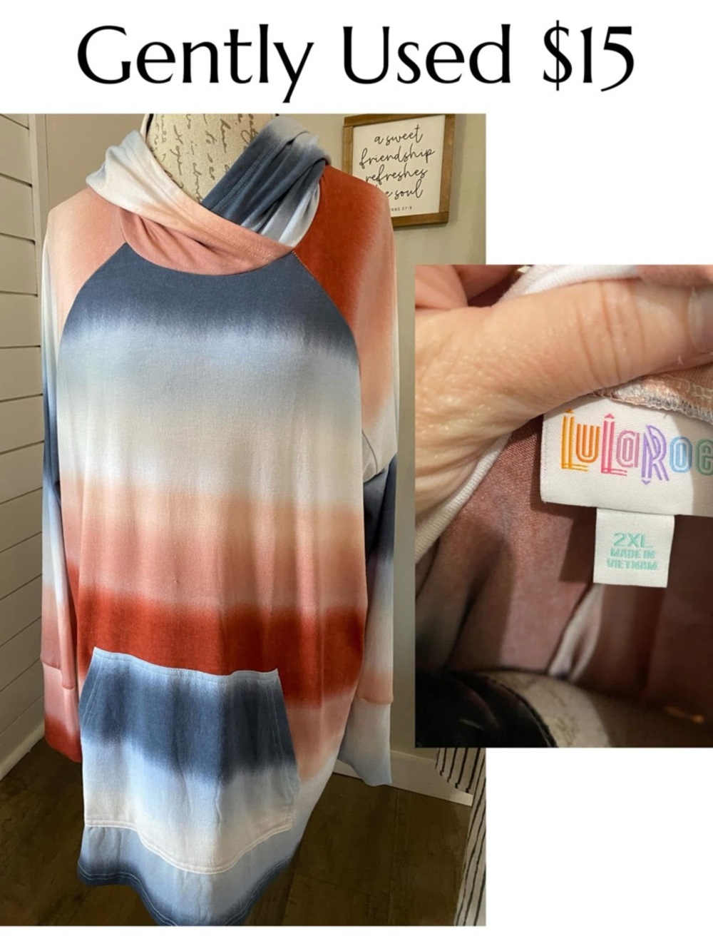 LuLaRoe Hooded Tunic in Blue, Rust & Cream Ombre